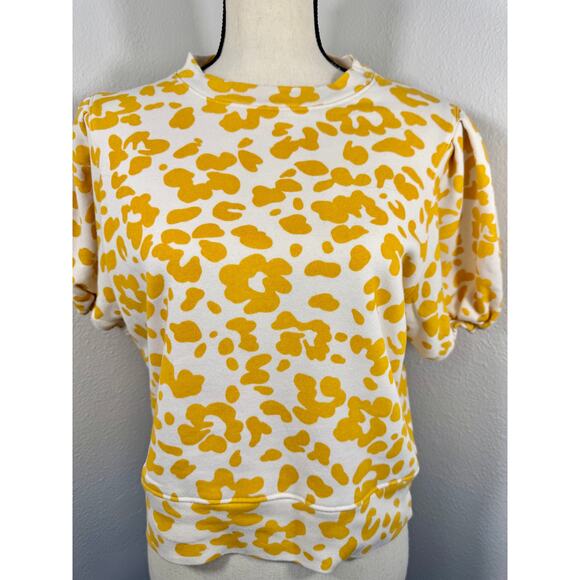Mother Superior Yellow Leopard Top Puff Sleeve Sweatshirt Animal Print Shirt M - Picture 1 of 10